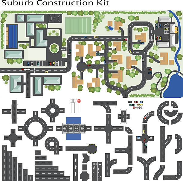 ilustrações de stock, clip art, desenhos animados e ícones de bairro suburbano road construction kit máquina de - commercial land vehicle illustrations