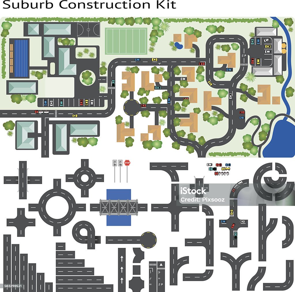 Town Suburb Road Maker Construction Kit Build your own suburb, grouped and layered, see my portfolio for other kits Map stock vector