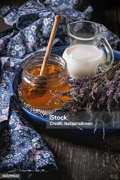 Honey Milk And Lavender Stock Photo - Download Image Now - Blue, Dessert - Sweet Food, Dry