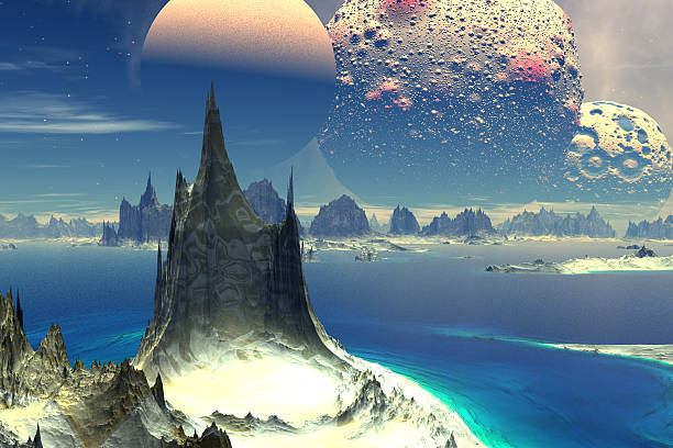 istock Alien Planet. Lake, rocks and moon 503300940