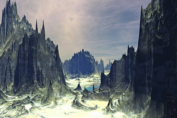 istock Alien Planet. Lake, rocks and moon 503301054