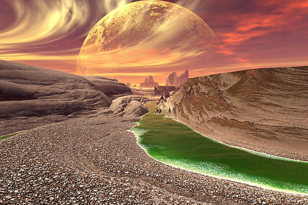 istock Alien Planet. Lake, rocks and moon 503301542
