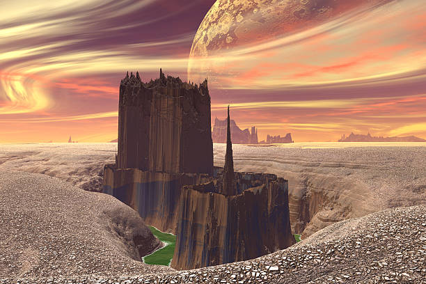 istock Alien Planet. Lake, rocks and moon 503301574
