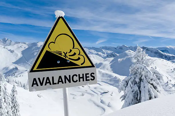 Avalanche sign in winter Alps with snow