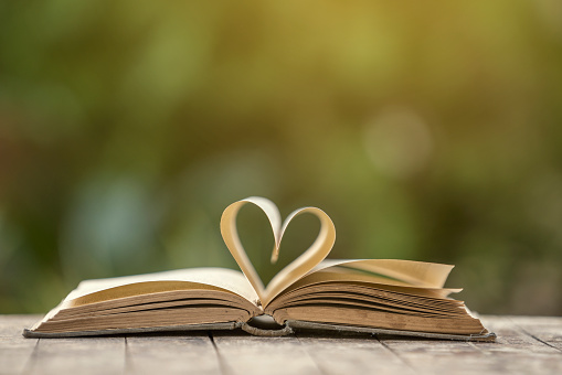 Heart shape made from book pages, selective focus