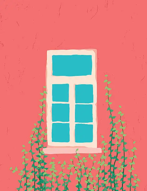 Vector illustration of Pink window decorated with ivy vine