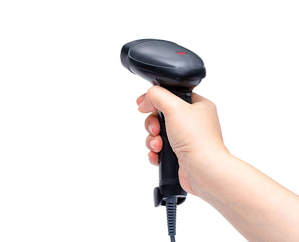 barcode scanner in woman's hand stock photo