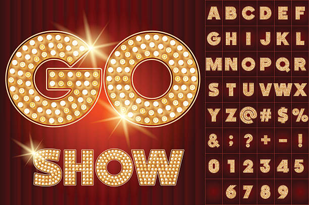 Vector gold lamp alphabet in cabaret show style Scalable vector set of shiny letters, numbers and symbols in quadrata style for digital artwork and typography casino stock illustrations