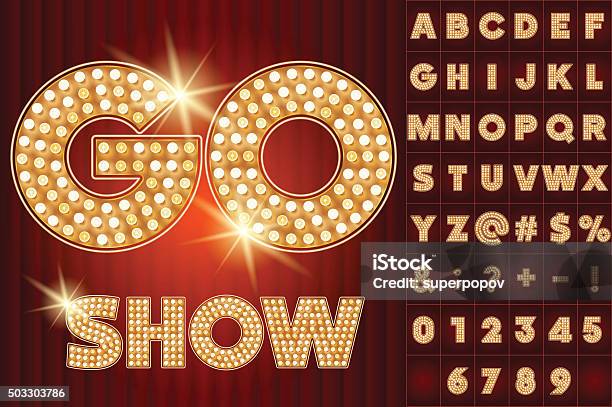 Vector Gold Lamp Alphabet In Cabaret Show Style Stock Illustration - Download Image Now - Typescript, Illuminated, Gold - Metal