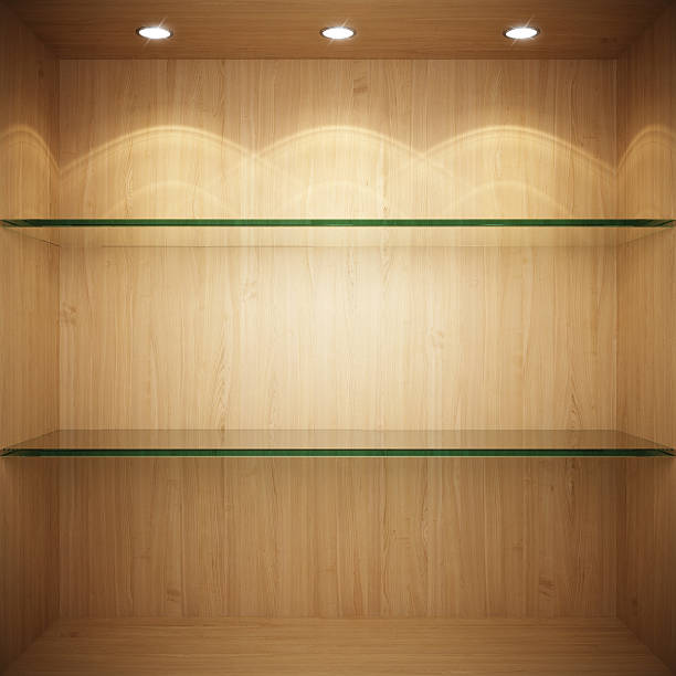 空の木製の棚付きのガラス製のショーケース - shelf bookshelf empty box ストックフォトと画像