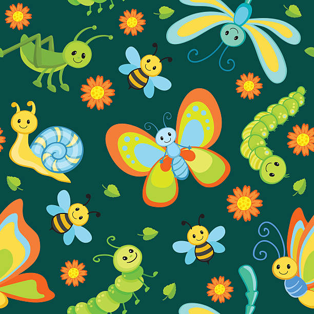 Cute seamless patterns with cartoon happy insects. Cute seamless patterns with cartoon happy insects. painted grasshopper stock illustrations