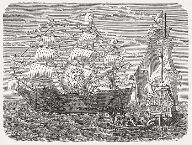 ilustraciones, imágenes clip art, dibujos animados e iconos de stock de barcos de rey carlos ii - etching sailing ship passenger ship sea