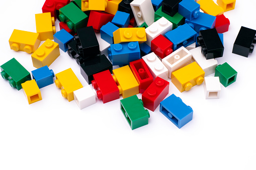 Tambov, Russian Federation - February 19, 2015: Colorful Lego Blocks on a white background. Studio shot.