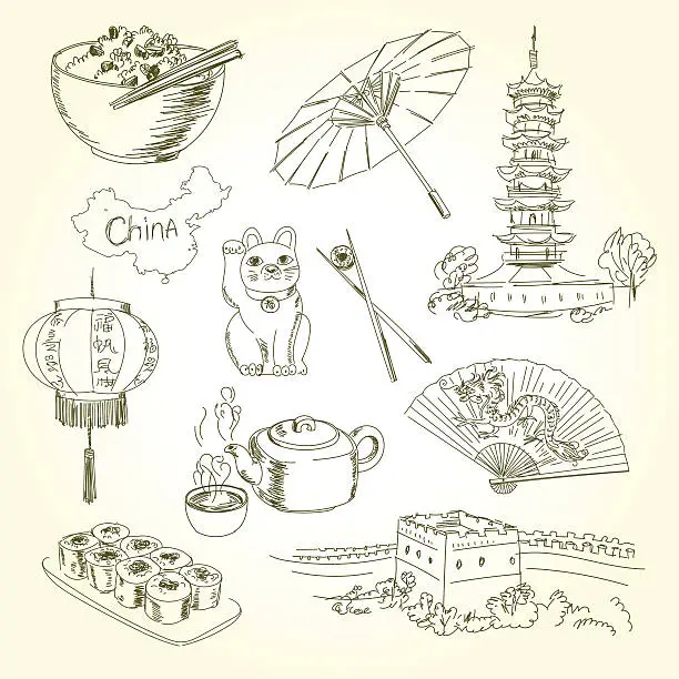 Vector illustration of Freehand drawing China items