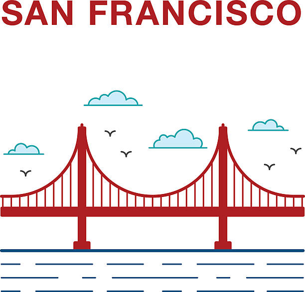 채색기법 샌프란시시코 golden gate bridge를 건넙니다. - san francisco county skyline vector bridge stock illustrations