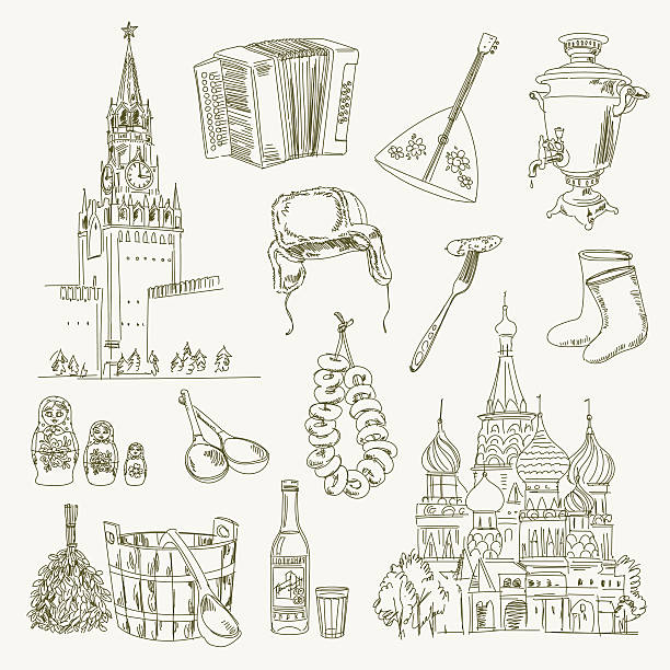 ilustrações, clipart, desenhos animados e ícones de desenho rússia itens aerógrafo - kettle