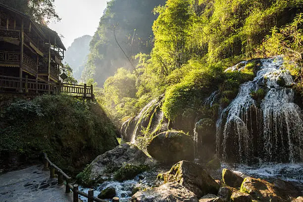 Landscape of Three Gorges Tribe Scenic Spot along the Yangtze River; located in the Xiling Gorge of Three Gorges, Yichang, Hubei, China