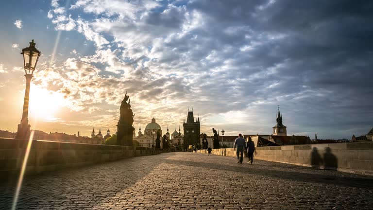 4K Time-lapse: Pedestrian Crowded Charles Bridge Karluv Most Czech sunrise