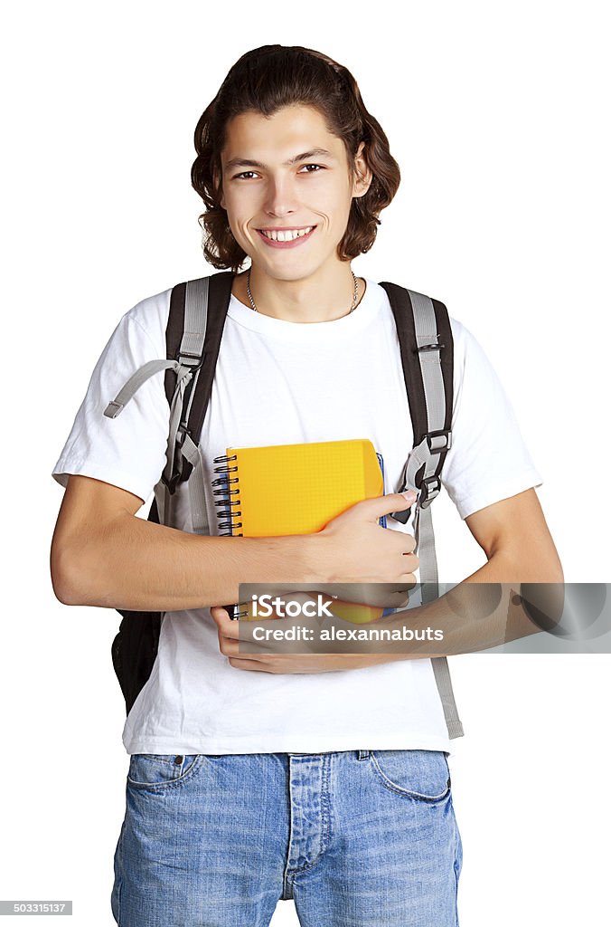 student with a textbook and satchel students stand with yellow notebook 18-19 Years Stock Photo