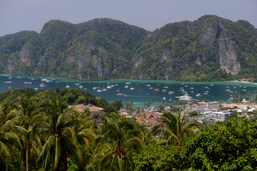 The view from the Viewpoint on the Town of Ko PhiPhi on Ko Phi Phi Island outside of the City of Krabi on the Andaman Sea in the south of Thailand.