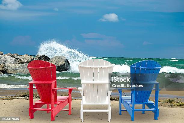 Adirondack Chairs On Beach Stock Photo - Download Image Now - Beach, Patriotism, Adirondack Chair