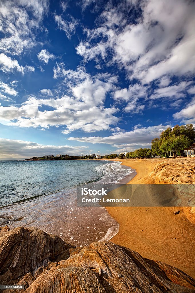 Sandy beach in Paros island, Cyclades, Greece. Sandy beach of Logaras in Paros island, Cyclades, Greece. Aegean Sea Stock Photo