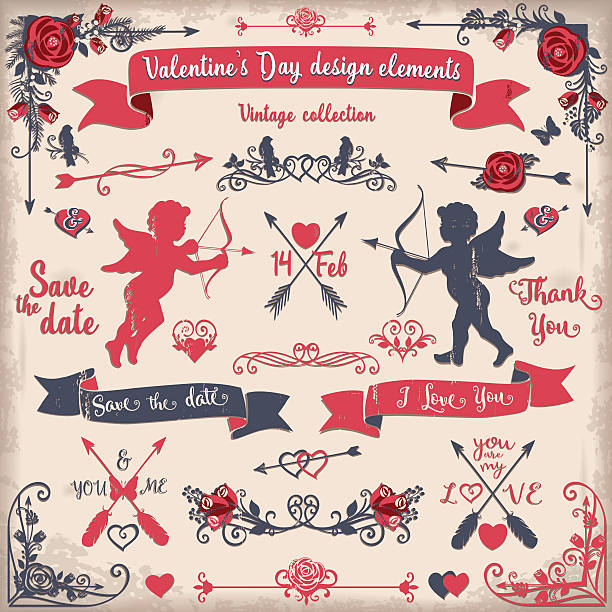 illustrations, cliparts, dessins animés et icônes de la saint-valentin ensemble d'éléments de design vintage tricolor - valentines day love single flower flower