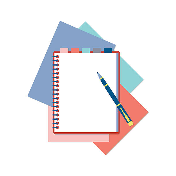 płaskich design, notatnik, długopis i kolorowe arkusze papieru - report stock illustrations