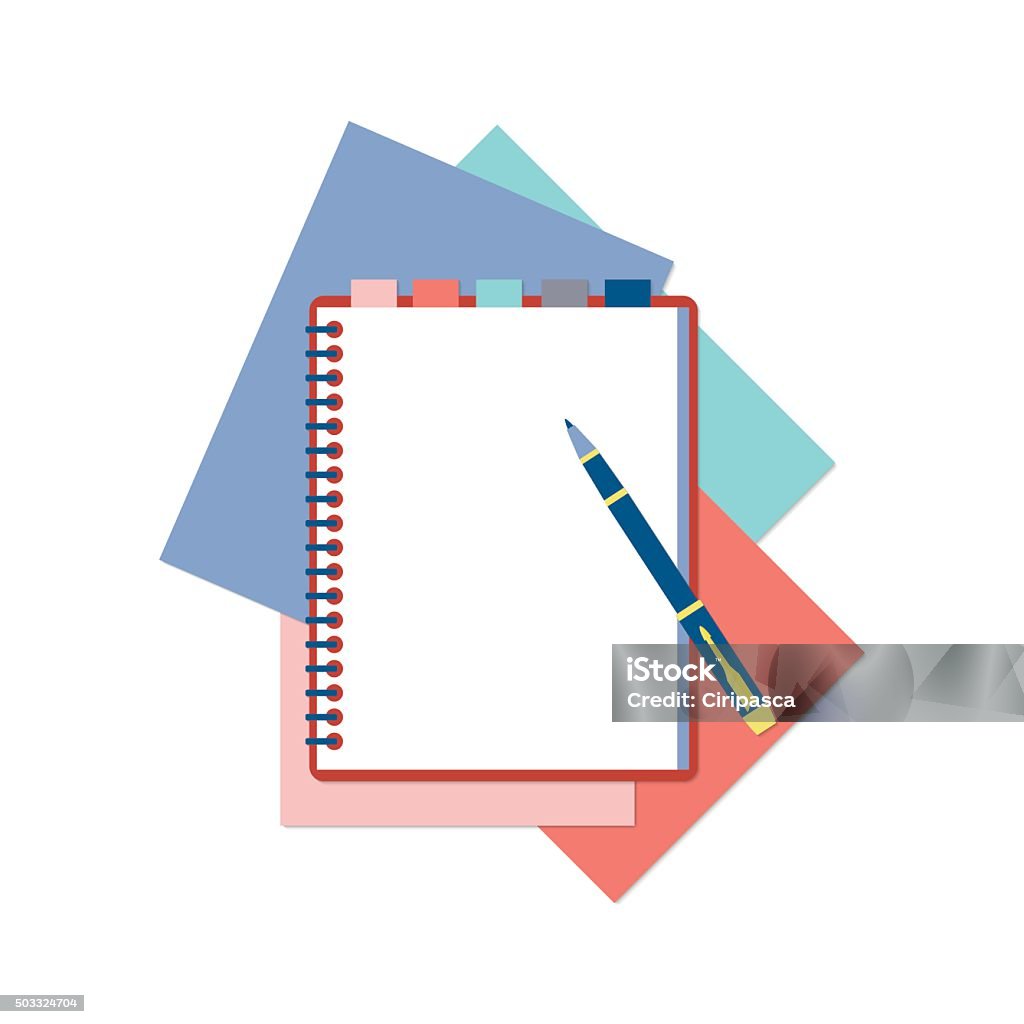 Flat design notepad, pen and color sheets of paper - Royaltyfri Anteckningsblock vektorgrafik