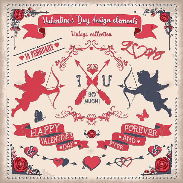 illustrations, cliparts, dessins animés et icônes de la saint-valentin ensemble d'éléments de design vintage tricolor - valentines day love single flower flower