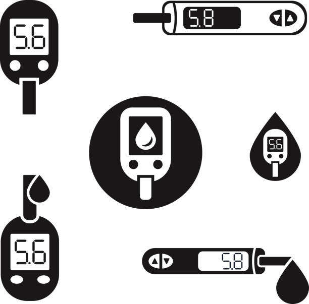 Diabetes Glucometer Icons 08 A Beautiful vector diabetic set. Blood testing flat icons. Medical editable illustration in black color isolated on white background. diabetes stock illustrations