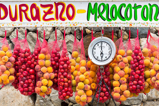 Merida, Venezuela - April 30, 2015: Nets of fresh apricots hanging with a weight scale in outdoors fruits market. Merida. Venezuela 2015