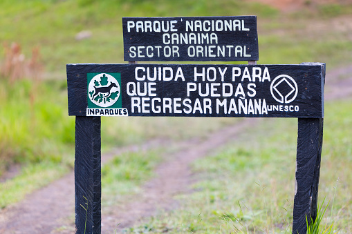 Mount Roraima, Venezuela - March 31, 2015: Entrance wood sign to Canaima National Park. Gran Sabana. Venezuela 2015.