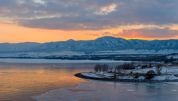 Sunset Ice Lake A winter sunset scene at frozen Chatfield Reservoir -- Chatfield State Park, Littleton, Colorado, USA. littleton colorado stock pictures, royalty-free photos & images