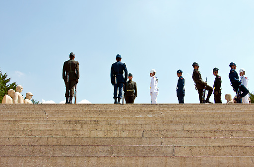 Ankara, Turkey - August 15, 2015: Ataturk Mausoleum guardians are walking for a ceremony. Anıtkabir (literally, \