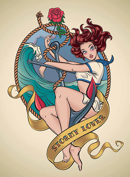 ilustrações, clipart, desenhos animados e ícones de romântico da velha escola tatuagem-stormy lover - anchor retro revival tattoo old fashioned