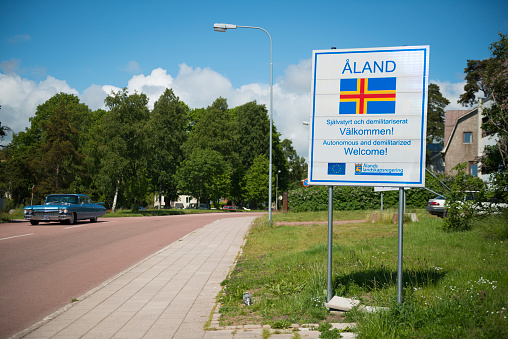 Mariehamn, Åland Islands - June 24, 2015: A car drives down a street in Mariehamn, Åland Islands.