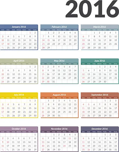 Vector illustration of Vector Calendar 2016. US holdays marked.