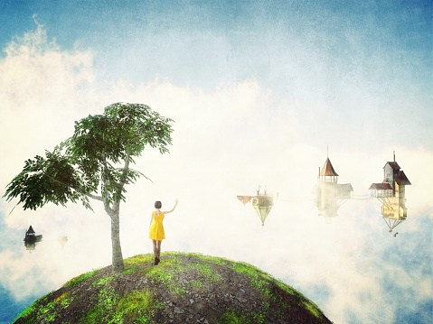 Woman standing on her little green planet while houses floating in the air are flying by. 3D render edited with a painting effect.