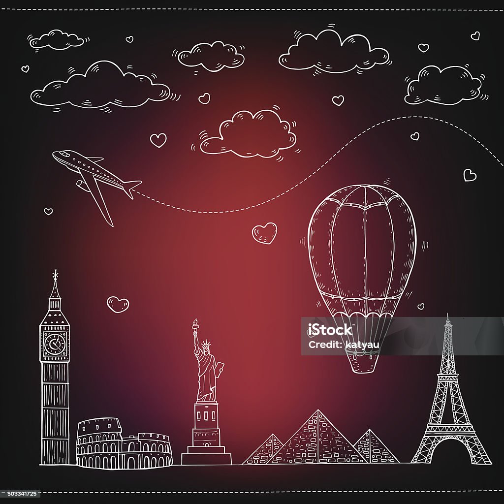 Travel and tourism background. Travel and tourism background. Vector hand drawn illustration. Air Vehicle stock vector