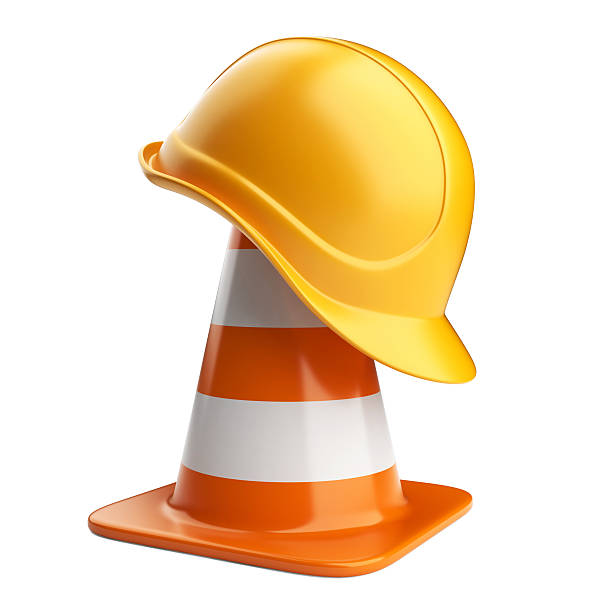 Traffic cones and hardhat 3D. Road sign. Icon isolated stock photo