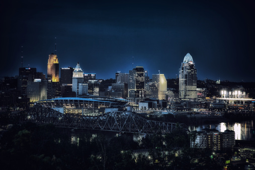 Looking at the Cincinnati, OH skyline from the perspective of Newport, KY