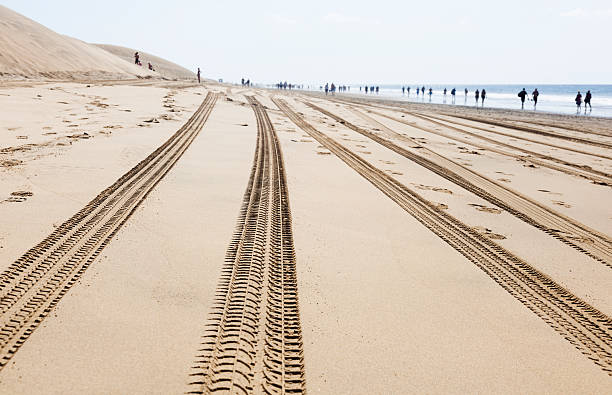 Two unrecognizable persons are walking on wooden footpath through sand dunes toward sea beach. Summer vacation at sea resort. Slightly blurred image. Retro styled.