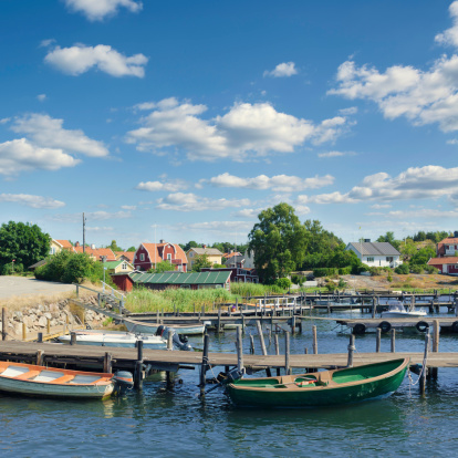 Piers and boats on the swedish east coast by the Baltic Sea. Location is Oxelösund near Nyköping.