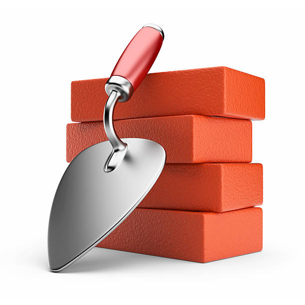 Trowel and bricks. Work place. 3D icon isolated stock photo