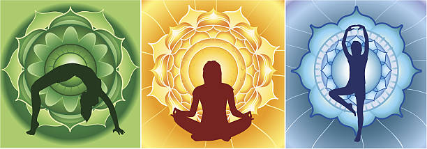 istock silhouette of yoga girls on bright mandala backgrounds, vector 503345605