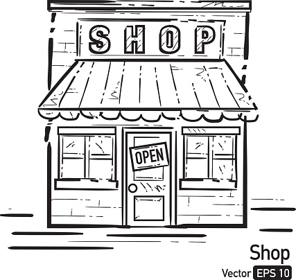 Vector illustration of a Sketchy vector drawing of a stop front with awning, windows and open sign. Store, old town charm, store front, shop, cute, sketchy line art. Charming, small town, brick buildings. Set of Buildings feature ornate architectural elements and copy space for storefront signage. Door front, windows, arched windows. Editable, scalable, simple.