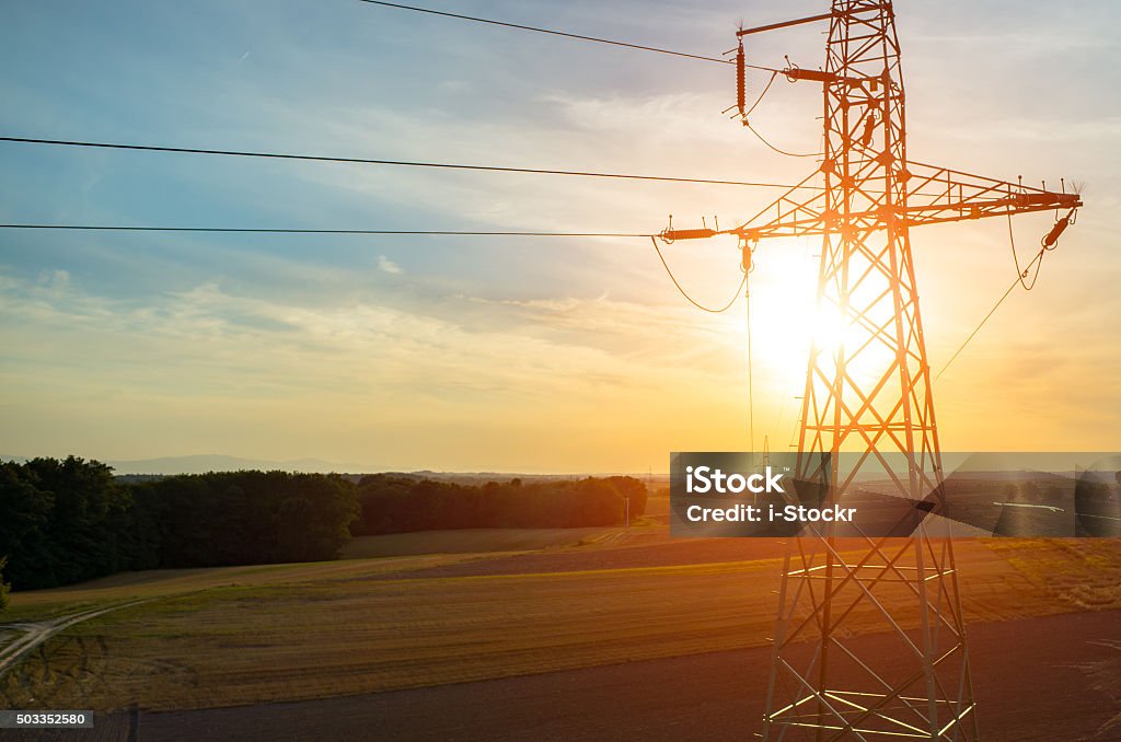 Aerial view on powerlines Beautiful sunset over the powerlines on the field Aerial View Stock Photo