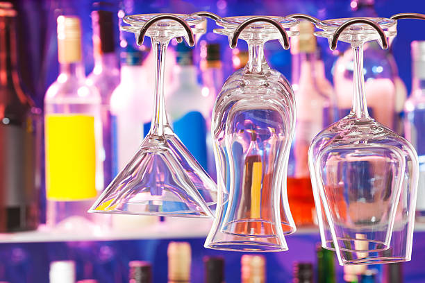 istock Different type of glasses on the hanger in bar 503352626