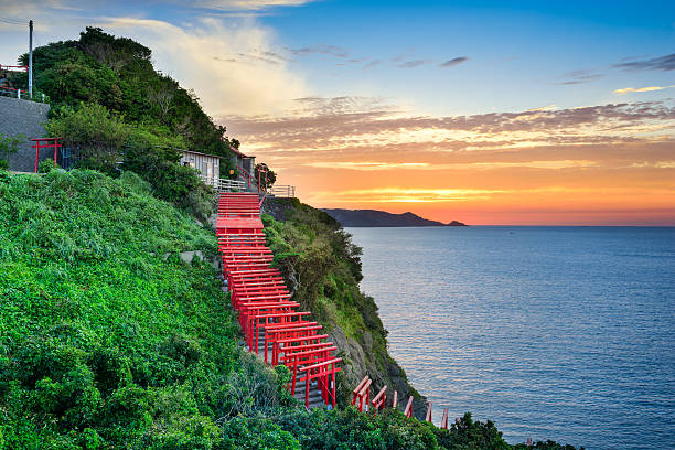 Nagato City, Japan - August 26, 2015: Motonosumi Inari Shrine torii gates near the Sea of Japan.